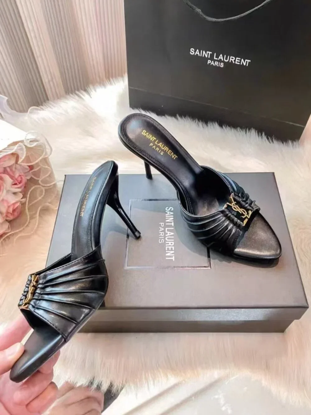 Saint Laurent YSL Black Ruched Leather Stiletto Mule Slides